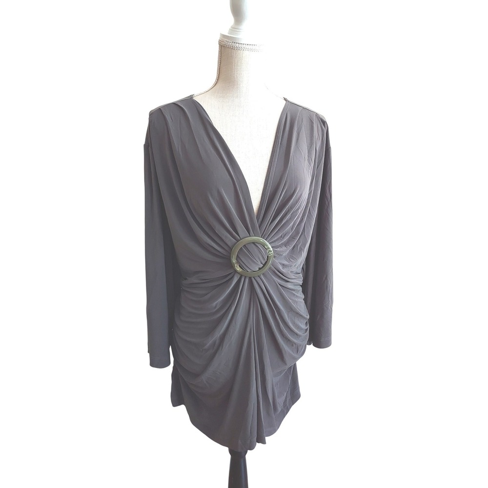 CSC Studio Tunic Top Women 3X Gray Ruched Deep V-Neck Ring Front Long Sleeve